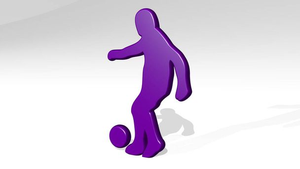 MAN PLAYING SOCCER made by 3D illustration of a shiny metallic sculpture with the shadow on light background. child and girl - Photo, Image