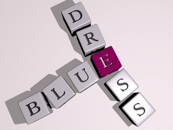 Kreuzworträtsel von BLUE DRESS, angeordnet durch kubische Buchstaben auf einem Spiegelboden, Konzept, Bedeutung und Präsentation. Hintergrund und Illustration - Foto, Bild