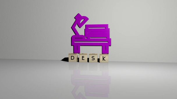 3D illustration of DESK graphics and text made by metallic dice letters for the related meanings of the concept and presentations. business and background - Photo, Image