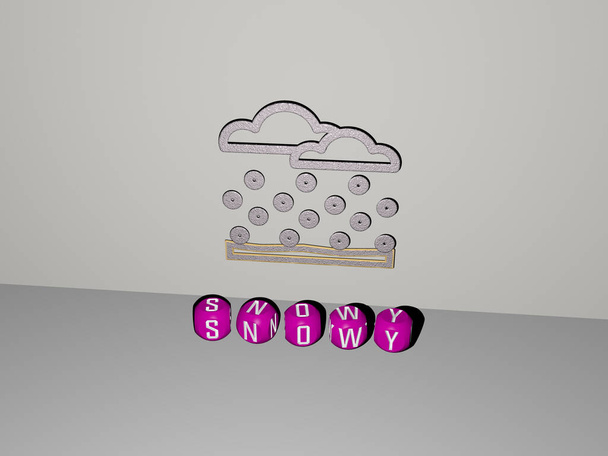 3D иллюстрация снежной графики и текста, сделанные металлическими буквами кубиков для соответствующих значений концепции и презентаций. зима и фон - Фото, изображение