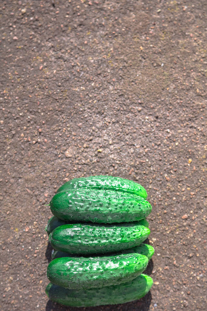 Свіжі, зелені, пюре, маленькі огірки на сірій бетонній підлозі
 - Фото, зображення