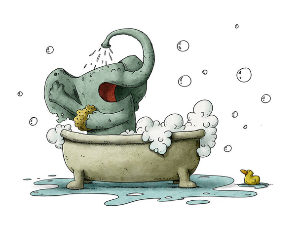 elefante em uma banheira derrama água sobre si mesmo enquanto esfrega com uma esponja. Hora do banho. isolado
 - Foto, Imagem