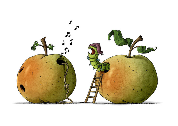 σκουλήκι που ζει μέσα σε ένα μήλο είναι θυμωμένος επειδή ένα άλλο γειτονικό σκουλήκι δεν θα τον αφήσει να κοιμηθεί. απομονωμένα - Φωτογραφία, εικόνα
