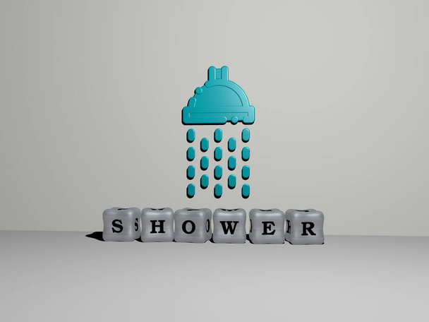 3D graphical image of SHOWER vertically along with text built by metallic cubic letters from the top perspective, excellent for the concept presentation and slideshows. illustration and baby - Photo, Image