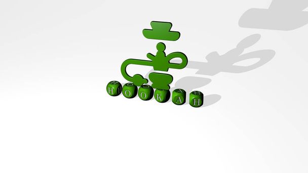 3D графічне зображення HOOKAH вертикально поряд з текстом, побудованим металевими кубічними літерами з верхньої точки зору, відмінно підходить для презентації концепції та показу слайдів. фон і чорний
 - Фото, зображення