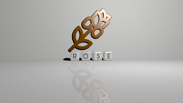3D απεικόνιση των γραφικών ROSE και κείμενο που γίνεται με μεταλλικά γράμματα ζάρια για τις σχετικές έννοιες της έννοιας και των παρουσιάσεων. φόντο και λουλούδι - Φωτογραφία, εικόνα