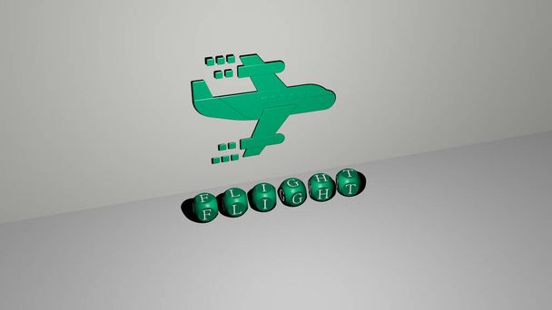3D ztvárnění FLIGHT s ikonou na stěně a textem uspořádaným kovovými krychlovými písmeny na zrcadlové podlaze pro koncept významu a prezentaci prezentace. letadlo a letadlo - Fotografie, Obrázek