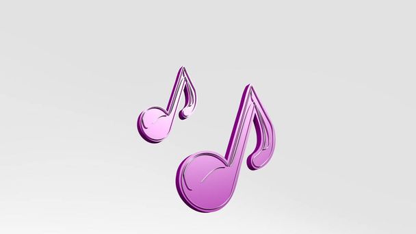 music notes made by 3D illustration of a shiny metallic sculpture on a wall with light background. design and audio - Photo, Image
