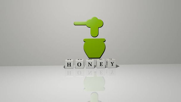 3D ztvárnění medu s ikonou na stěně a textem uspořádaným kovovými krychlovými písmeny na zrcadlové podlaze pro koncept významu a prezentaci prezentace. pozadí a včela - Fotografie, Obrázek