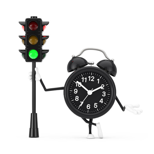 Hälytyskellon merkki maskotti, jossa on liikennevihreä valo valkoisella taustalla. 3d renderöinti - Valokuva, kuva