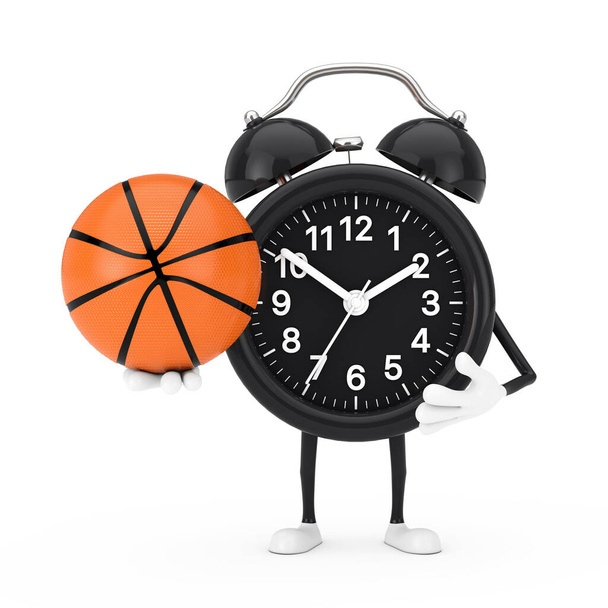 Alarma Reloj Personaje Mascota con Baloncesto Bola sobre un fondo blanco. Renderizado 3d
 - Foto, imagen