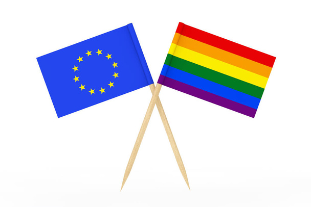 Mini papel LGBT Rainbow Pointer Flag with Europe Union Flag sobre un fondo blanco. Renderizado 3d
 - Foto, imagen