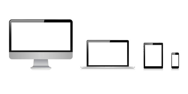 デバイス画面のモックアップのセット。スマートフォン、タブレット、ノートパソコンのモニター、あなたのデザインのための空白の画面があります。ベクターイラスト - ベクター画像