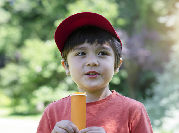 Портретна дитина їсть льодяник з розмитим фоном природи, Щасливий хлопчик, що стоїть в парку, насолоджується поп-морозивом льодяник в спекотний сонячний день літо
. - Фото, зображення