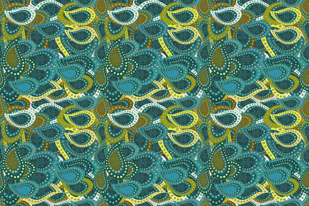 Seamless Beautiful fabric pattern. Raster. Doodles yellow, green and blue on colors. - Photo, Image
