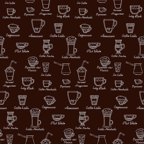 Vector doodle seamless pattern with different types of coffee: espresso, latte, macchiato, cappuccino, americano, con panna. Hand-drawn design elements. Coffee break. - Vector, Image