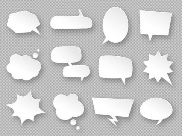 Thought balloons. Paper speech bubbles, white communication messages clouds, dream tag, discussion labels, blank dialog chats vector set - Vektor, Bild