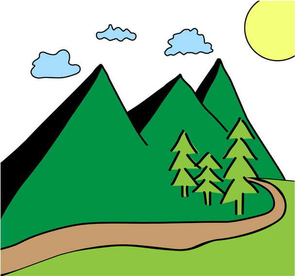 Simple vector illustration of mountains and trees, meadow and road. Sun and clouds on the sky. - Vector, Image