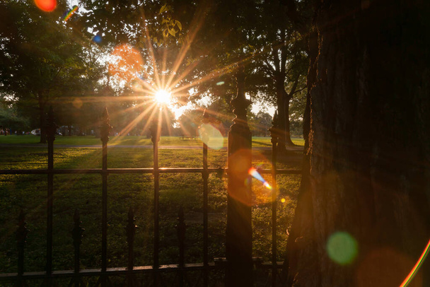 Long shadows through wrought iron fence surrounding La Fayette Park with lens flare aged photo effect and haze at sunset  St Louis Missouri USA - Photo, Image