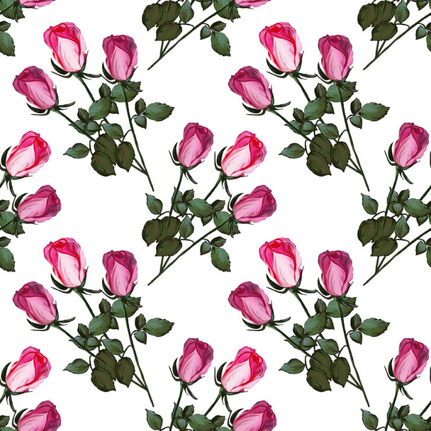 Цветочный бесшовный узор из роз. Акриловая картина с розовыми цветочными бутонами на белом фоне. Ботанические иллюстрации для ткани и текстиля, упаковки, обоев, открытки. - Фото, изображение