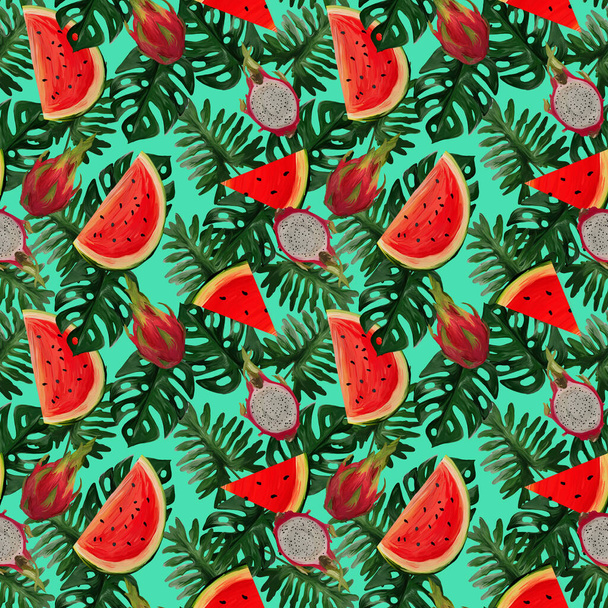Modern seamless pattern with dragon fruit, watermelon, tropical leaves on mint background Summer vibes. Hand painted botanical illustration for textiles, packaging, fabrics. - Photo, Image