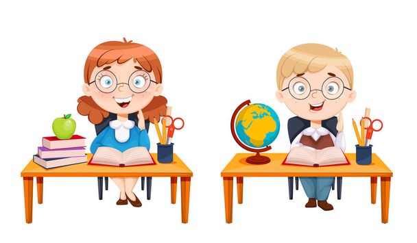 Back to school. Cute schoolgirl and schoolboy sitting at desks. Cheerful girl and boy cartoon characters. Vector illustration on white background - Vector, Image