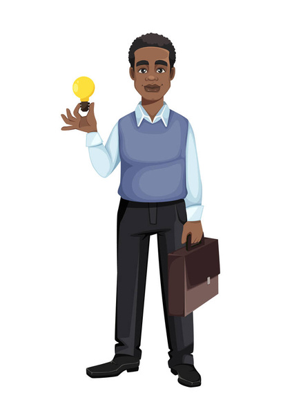 El hombre de negocios afroamericano tiene una buena idea. Alegre guapo personaje de dibujos animados hombre de negocios. Ilustración vectorial
 - Vector, Imagen