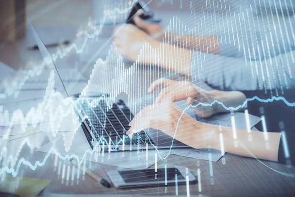 Multi exposure of woman hands typing on computer and financial chart hologram drawing. Stock market analysis concept. - Photo, image