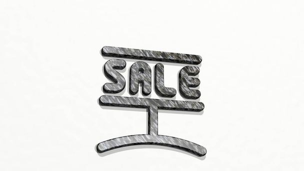 REAL ESTATE SIGN SALE gemaakt door 3D illustratie van een glanzende metalen sculptuur op een muur met een lichte achtergrond. huis en concept - Foto, afbeelding