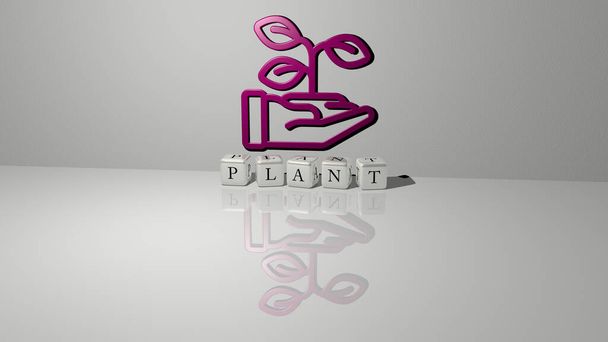 3D-kuva PLANT-grafiikasta ja tekstistä, joka on tehty metallisilla noppakirjaimilla konseptin ja esitysten vastaaviin merkityksiin. tausta ja vihreä - Valokuva, kuva