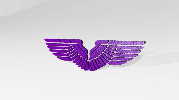 Flügel an der Wand. 3D-Illustration einer metallischen Skulptur auf weißem Hintergrund mit milder Textur. Vogel und Engel - Foto, Bild