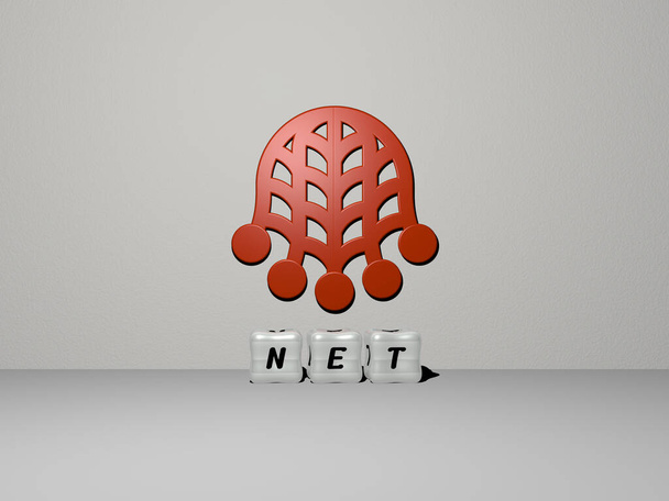 3D illustratie van NET graphics en tekst gemaakt door metalen dobbelstenen letters voor de gerelateerde betekenissen van het concept en presentaties. achtergrond en abstract - Foto, afbeelding