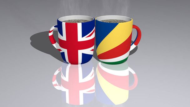 英国SEYCHELLESの関係は、編集や商業的なイメージとしてミラーフロアのコーヒーカップの上に国旗によって示されています - 写真・画像
