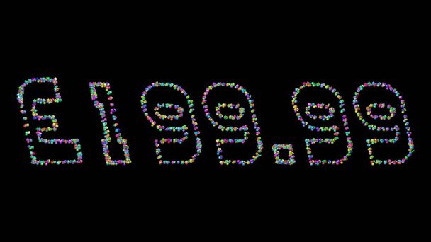 Libbra 199.: Illustrazione 3D del testo fatto di piccoli oggetti su sfondo nero con ombre - Foto, immagini