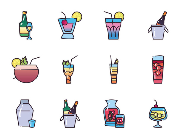 Cocktails fill and gradient style icon set vector design - Вектор,изображение