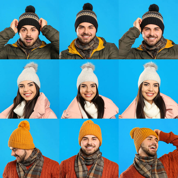 Collage with photos of people wearing warm clothes on blue background. Winter vacation  - Fotoğraf, Görsel