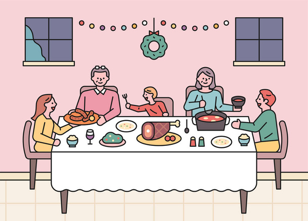 Σε ειδικές ημέρες, οι οικογένειες συγκεντρώνονται και απολαμβάνουν το δείπνο. επίπεδη σχεδίαση στυλ minimal διανυσματική απεικόνιση. - Διάνυσμα, εικόνα