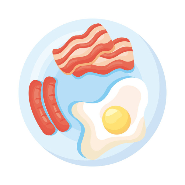 frieds eggs with bacon and sausage breakfast detailed style icon - Vector, Image