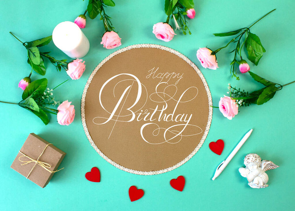postcard or Internet banner with a birthday greeting, with the inscription - happy birthday - Photo, image