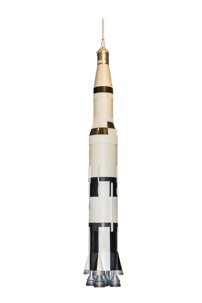 Modelo de foguete espacial multiestágio preto e branco isolado em fundo branco com caminho de recorte
 - Foto, Imagem