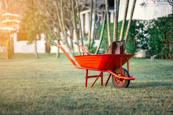 metal wheelbarrow or garden cart in backyard in the morning with sunlight effect - Photo, Image