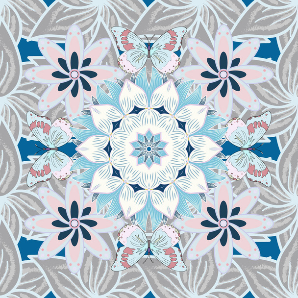 Vector floral pattern in doodle style with flowers and leaves. Gentle, spring floral on neutral, blue and gray colors. Vector illustration. - Vector, imagen