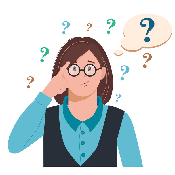 Portrait of young troubled woman. Girl with question mark in think bubble. People thinking or solving problem. Dilemma vector flat cartoon concept illustration. - Vector, Image