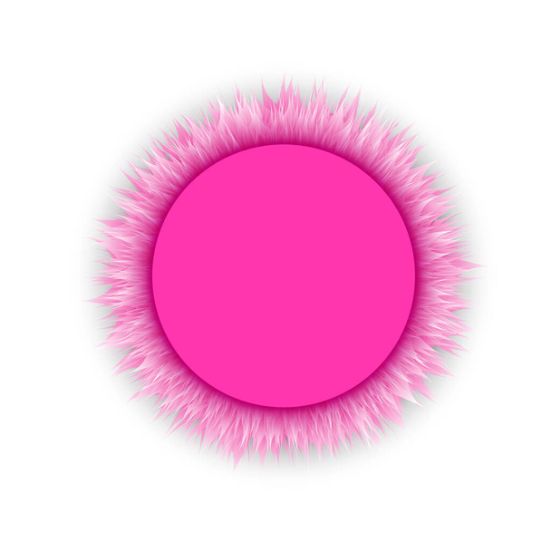 Glamorous pink blank round 3d round frame with fluffy fur border for poster, cute girly button decor - Vector, Image