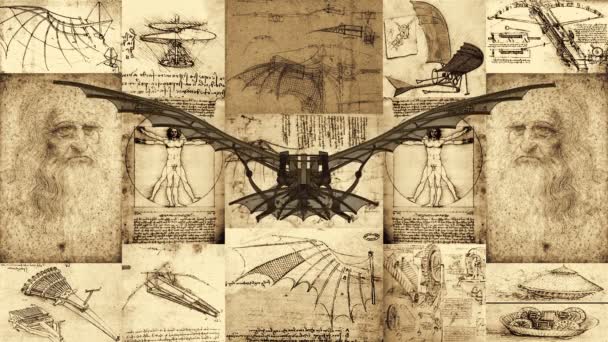 Leonardo Da Vinci antigua máquina voladora hace maniobras y moscas delante del cartel con la animación de inventos. - Imágenes, Vídeo