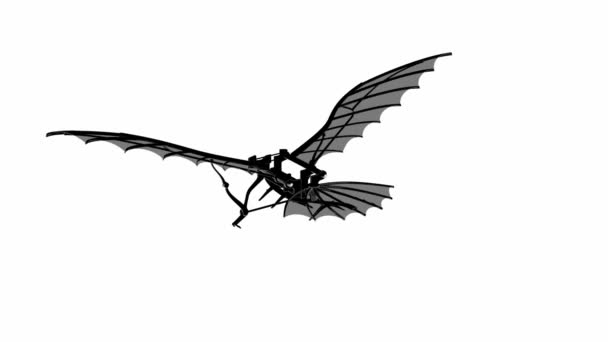 Leonardo Da Vinci Antique Flying Machine κάνει μανούβρες και μύγες σε μαύρο και άσπρο φόντο animation. - Πλάνα, βίντεο