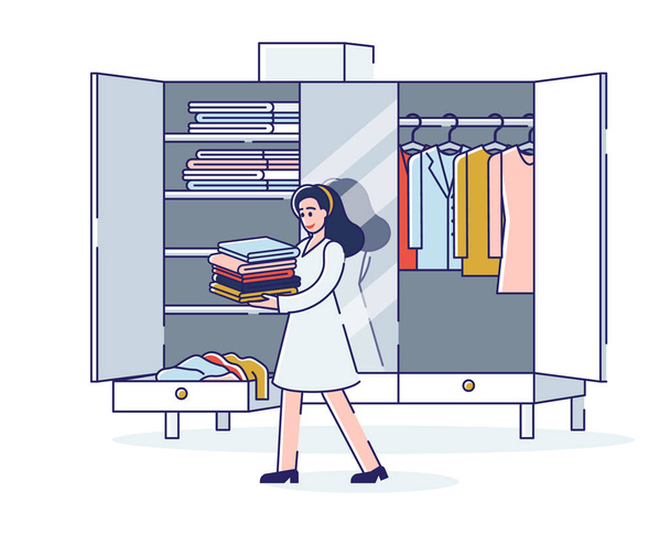 Woman organizing wardrobe packing or unpacking clothes before travel or moving to new home - Vector, Image
