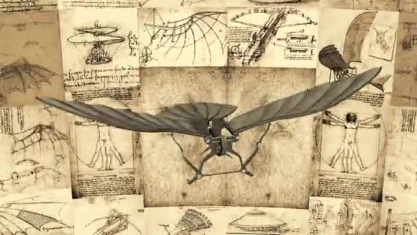 Leonardo Da Vinci antigua máquina voladora hace maniobras y moscas delante del cartel con la animación de inventos. - Imágenes, Vídeo