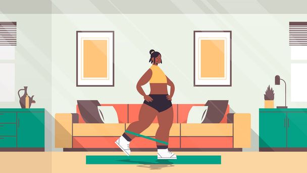 woman doing exercises at home with resistance band girl having workout cardio fitness training healthy lifestyle - Vector, imagen
