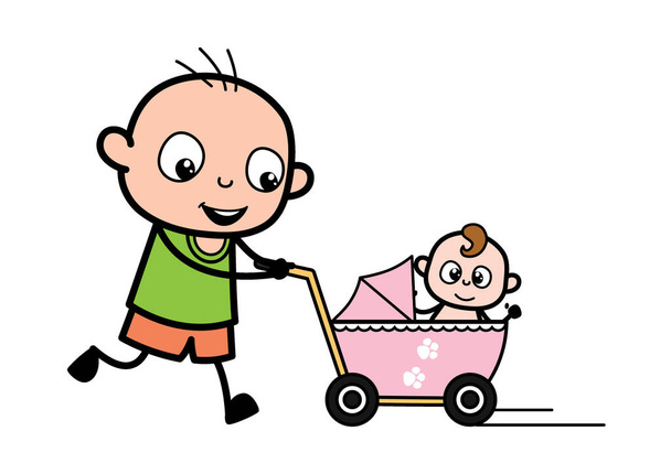 Dessin animé Garçon chauve avec poussette bébé - Vecteur, image